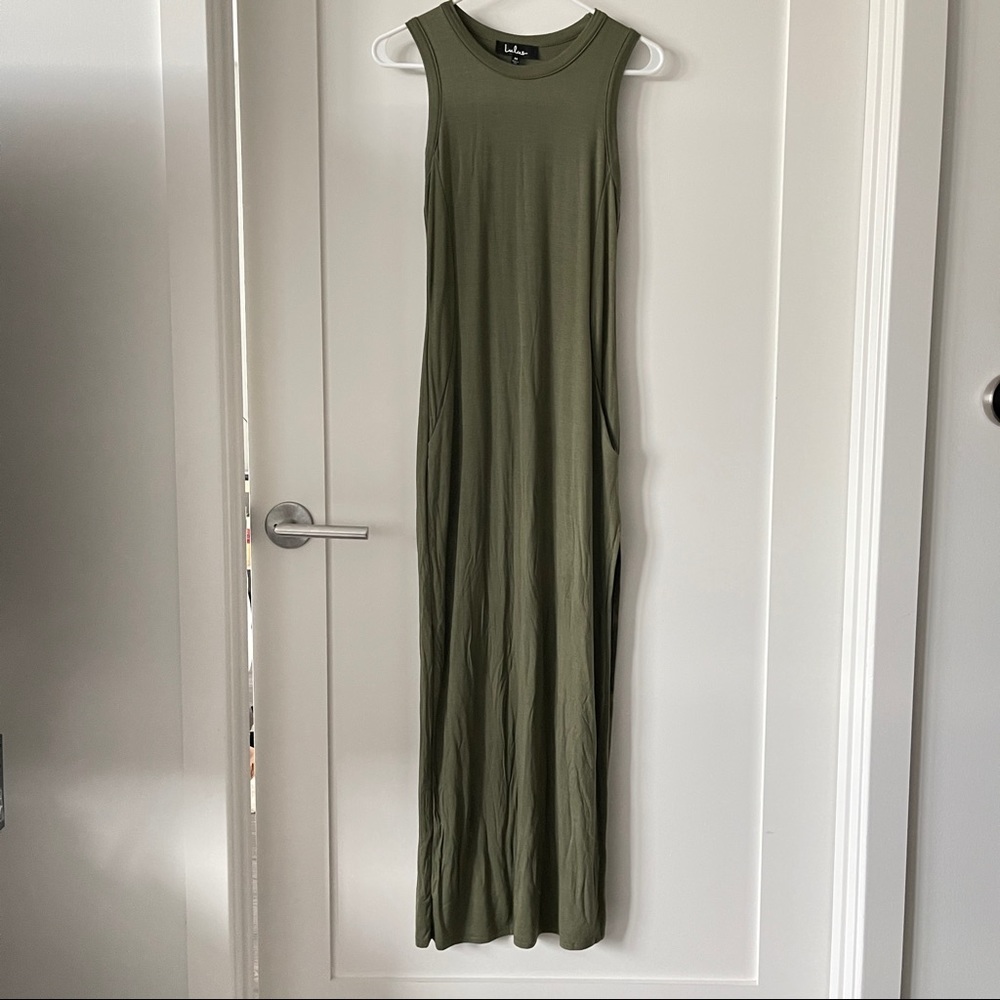 Long olive green maxi dress with slit